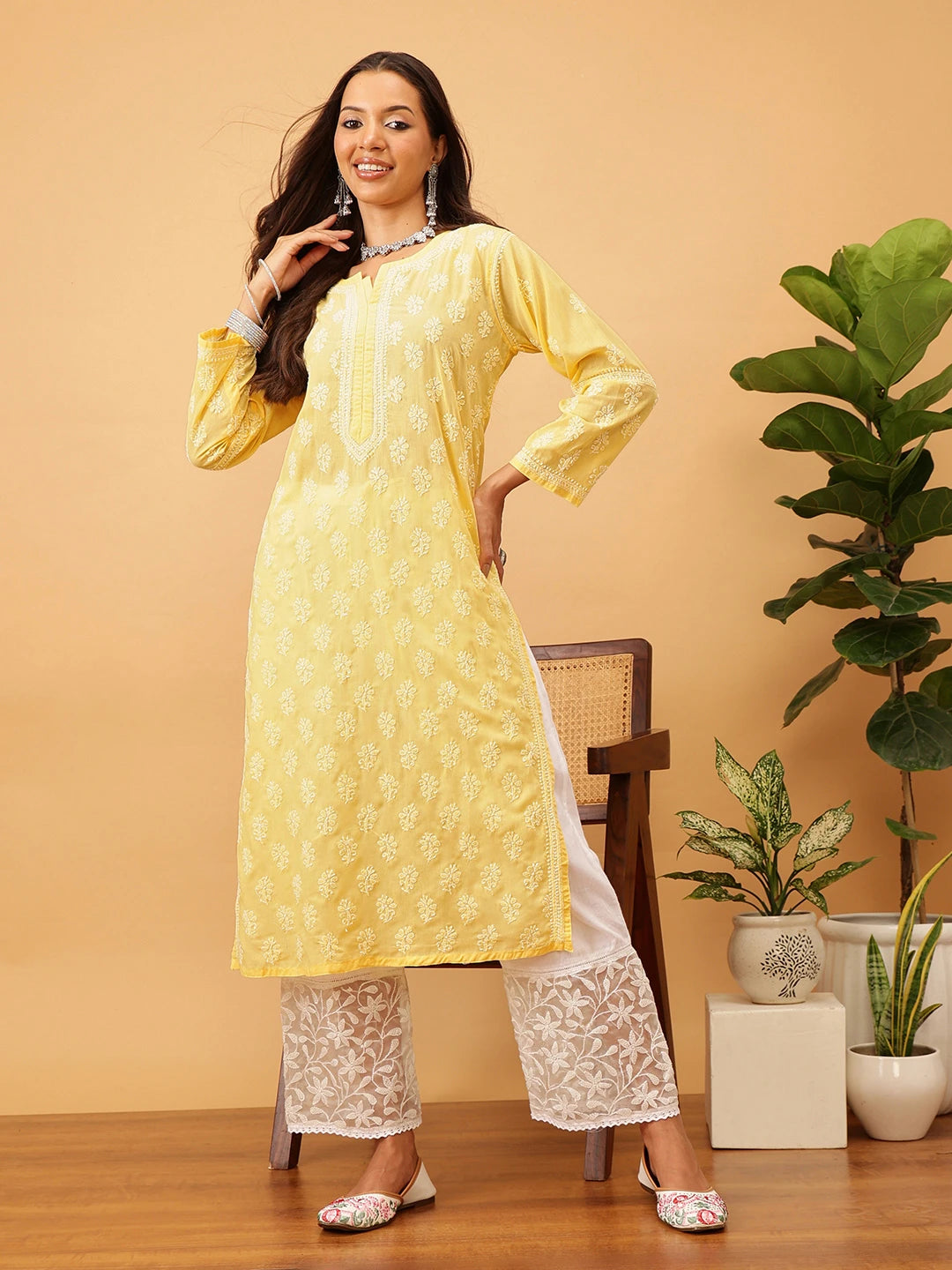 Ada Hand Embroidered Yellow Cotton Lucknowi Chikankari Straight Kurta A411711