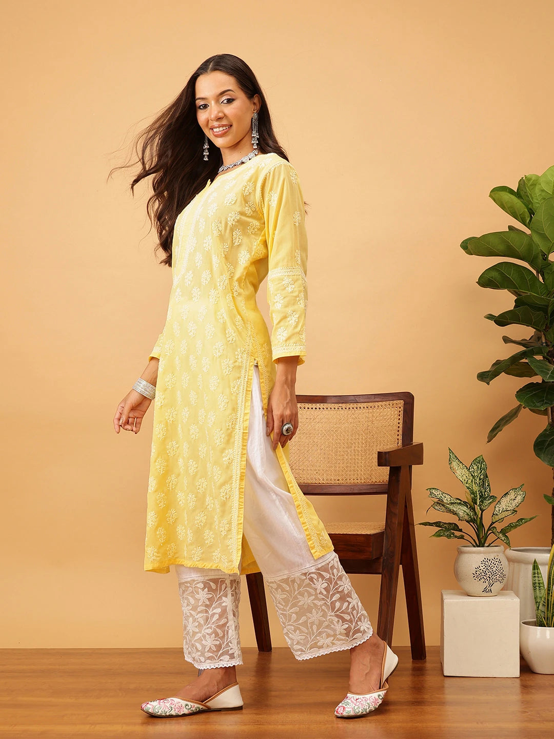 Ada Hand Embroidered Yellow Cotton Lucknowi Chikankari Straight Kurta A411711