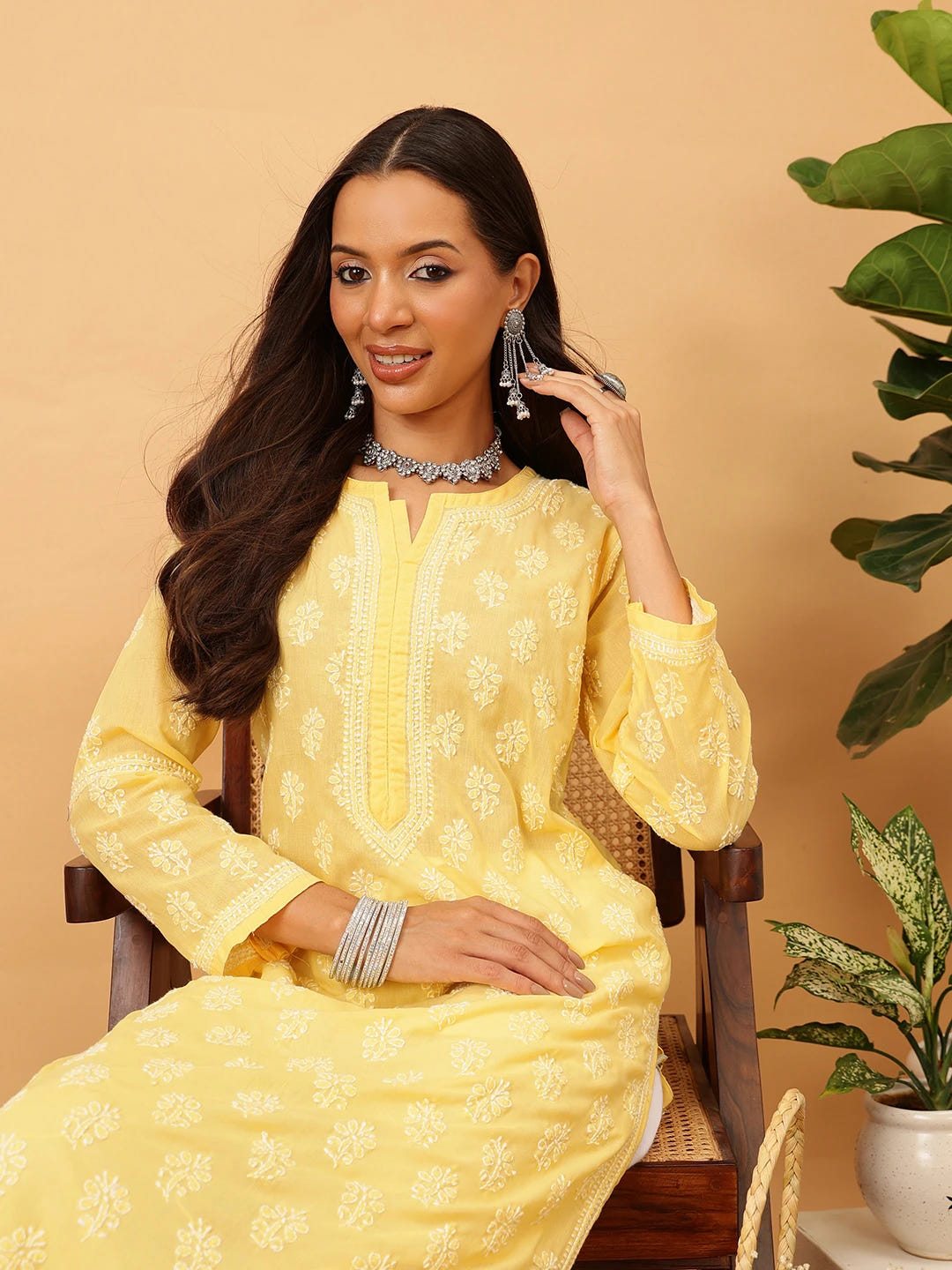 Ada Hand Embroidered Yellow Cotton Lucknowi Chikankari Straight Kurta A411711