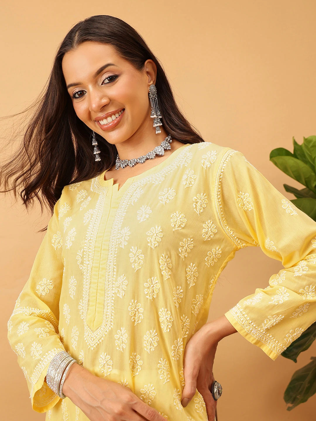 Ada Hand Embroidered Yellow Cotton Lucknowi Chikankari Straight Kurta A411711
