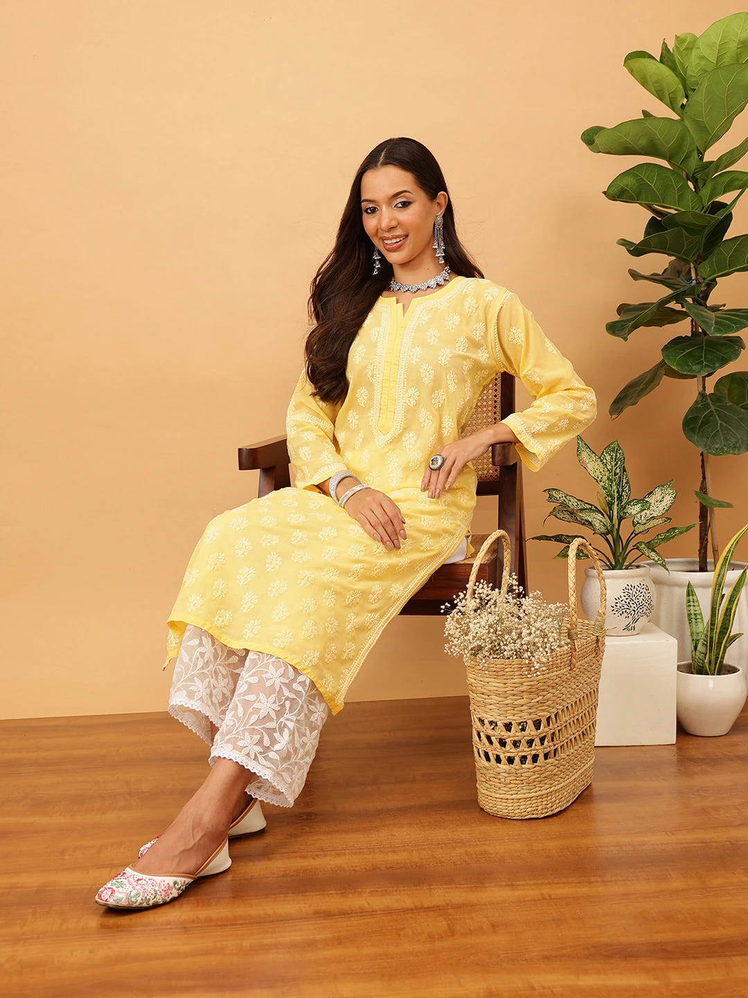 Ada Hand Embroidered Yellow Cotton Lucknowi Chikankari Straight Kurta A411711