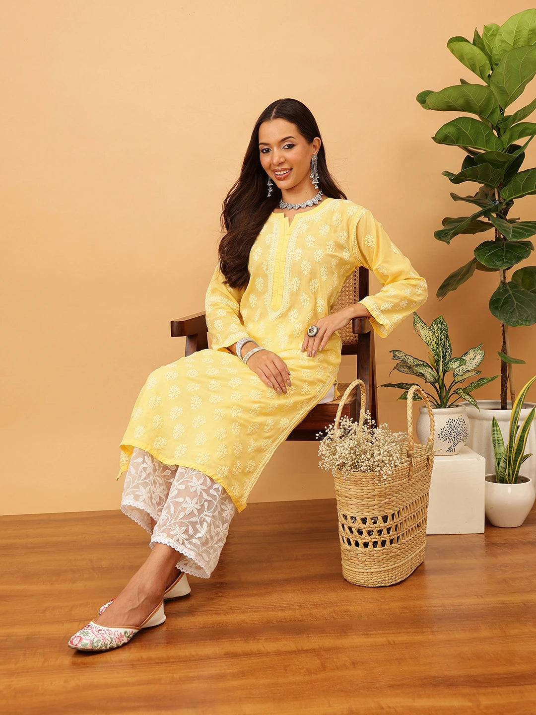 Ada Hand Embroidered Yellow Cotton Lucknowi Chikankari Straight Kurta A411711