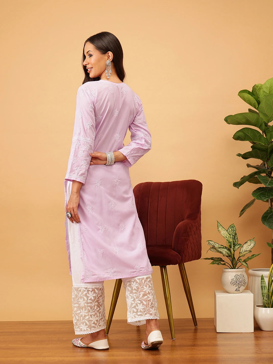 Ada Hand Embroidered Lavender Cotton Lucknowi Chikankari Straight Kurta A411709