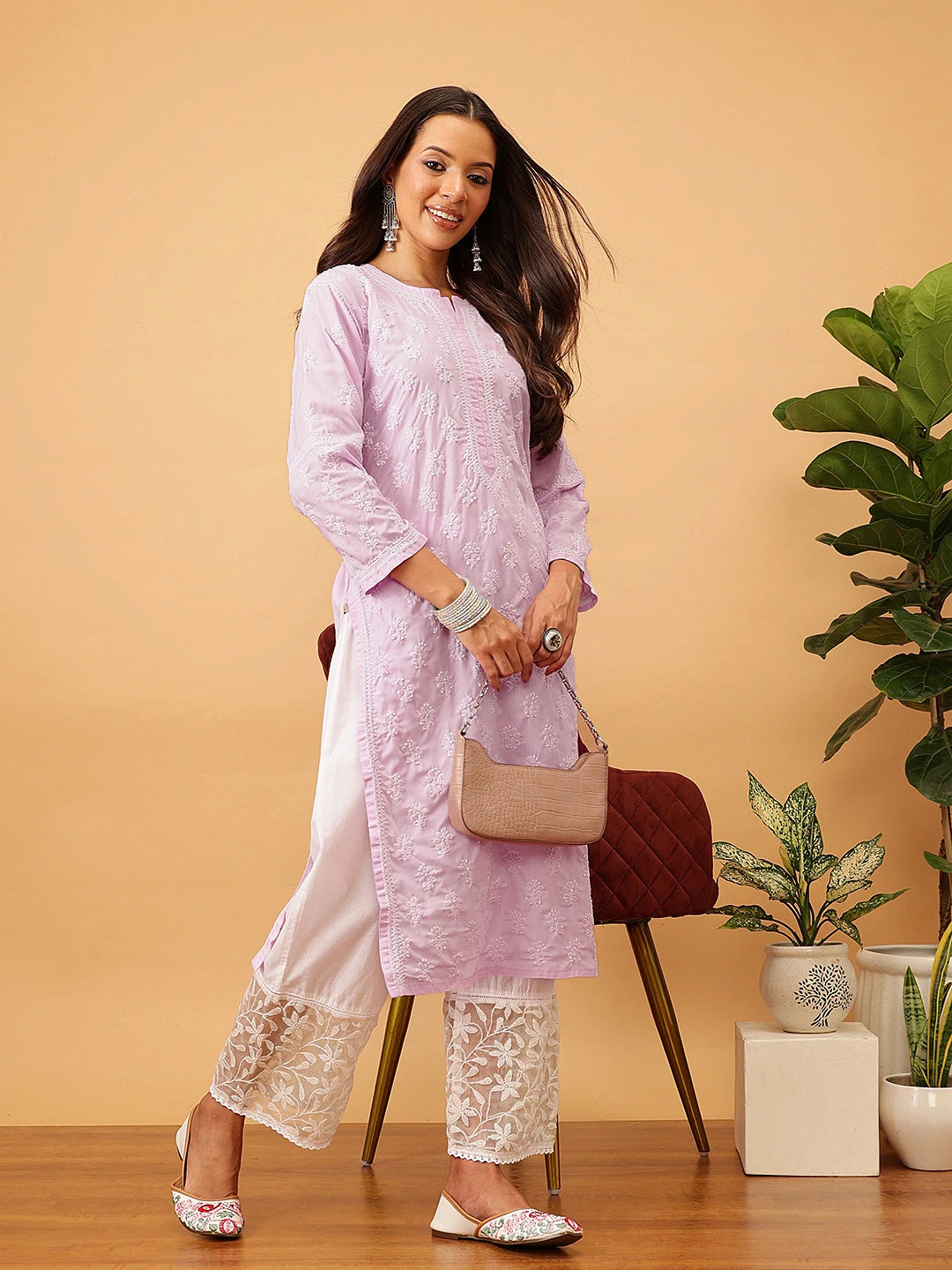 Ada Hand Embroidered Lavender Cotton Lucknowi Chikankari Straight Kurta A411709
