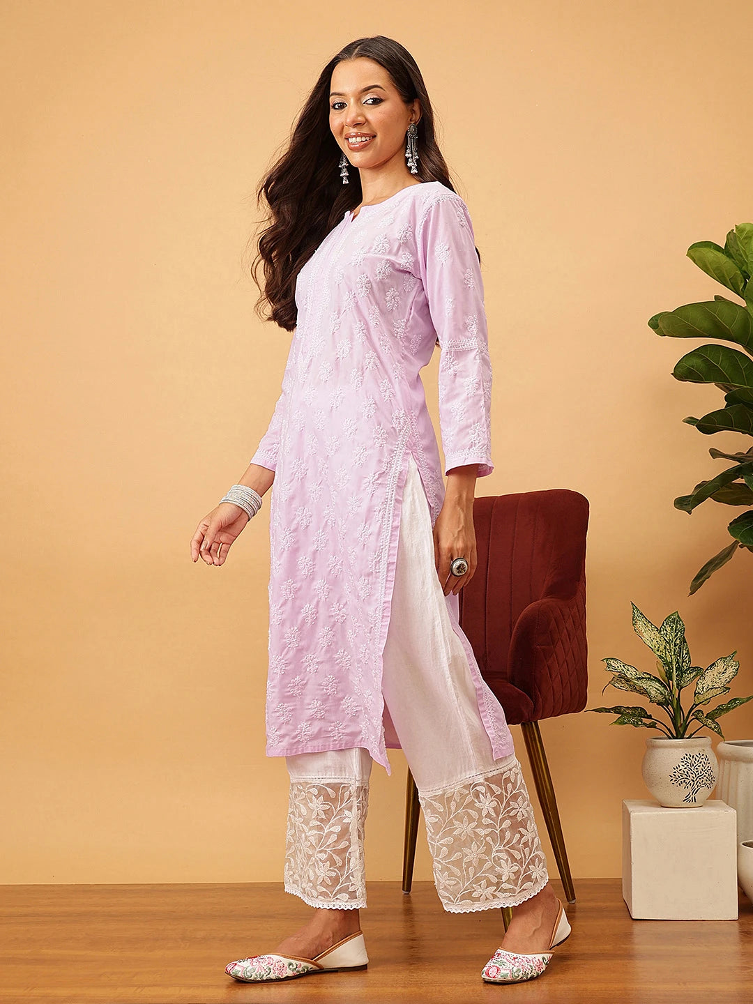 Ada Hand Embroidered Lavender Cotton Lucknowi Chikankari Straight Kurta A411709