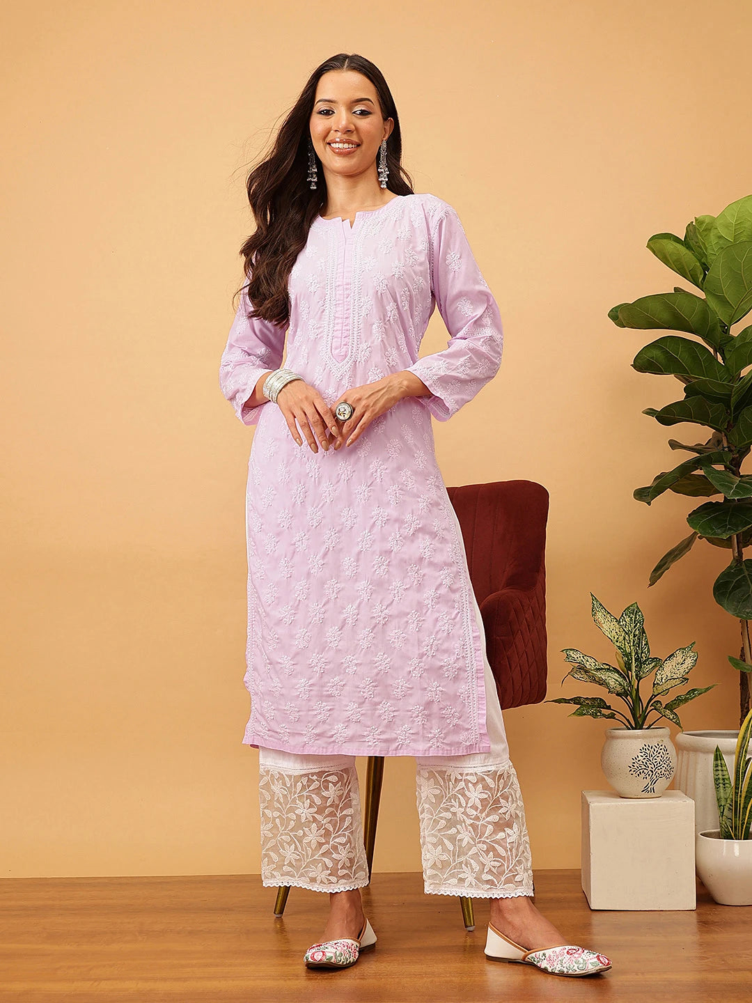 Ada Hand Embroidered Lavender Cotton Lucknowi Chikankari Straight Kurta A411709