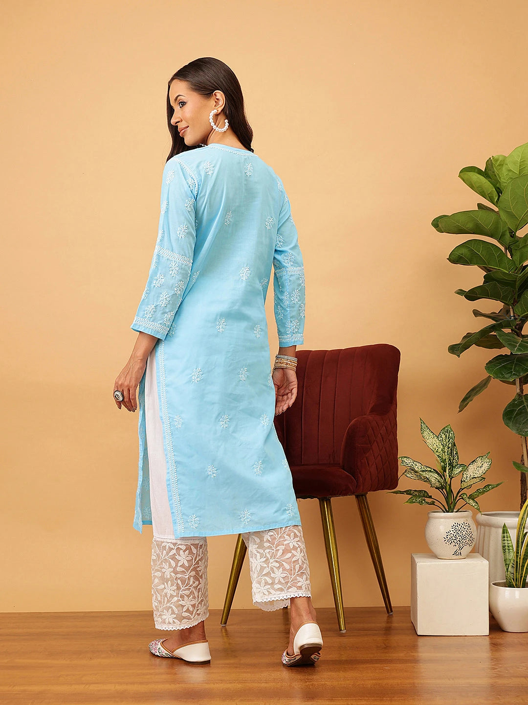 Ada Hand Embroidered Blue Cotton Lucknowi Chikankari Straight Kurta A411710