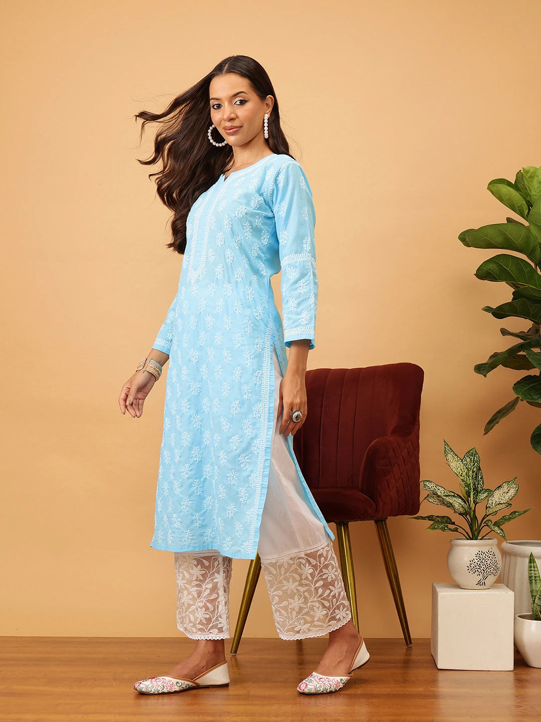 Ada Hand Embroidered Blue Cotton Lucknowi Chikankari Straight Kurta A411710