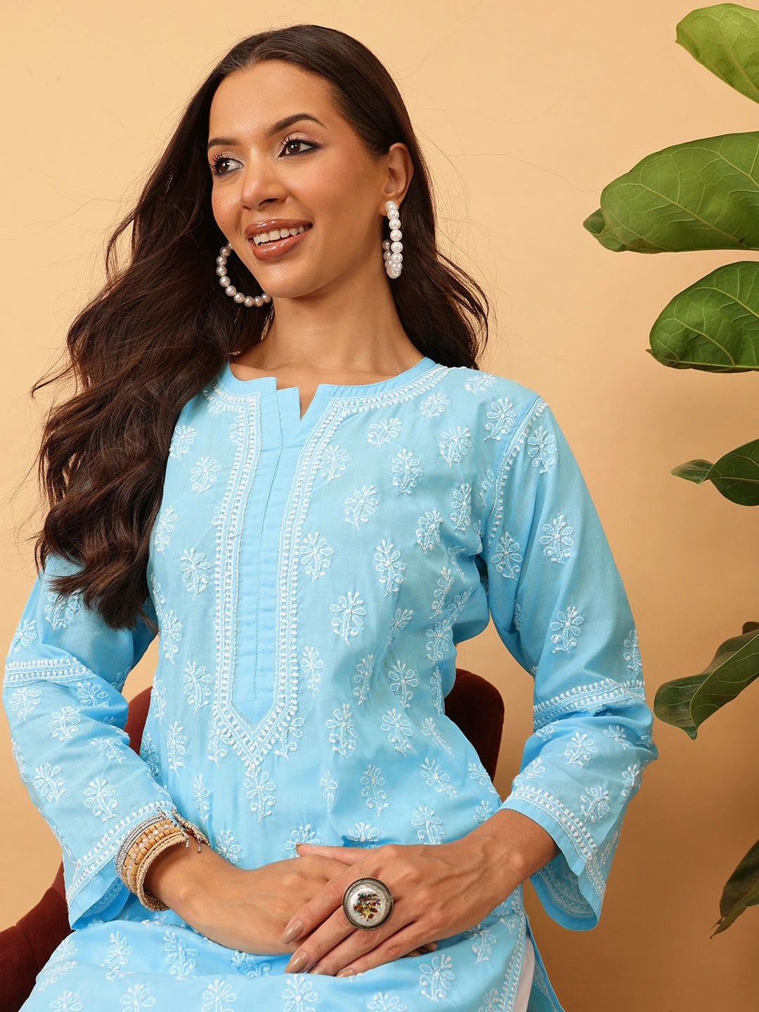 Ada Hand Embroidered Blue Cotton Lucknowi Chikankari Straight Kurta A411710