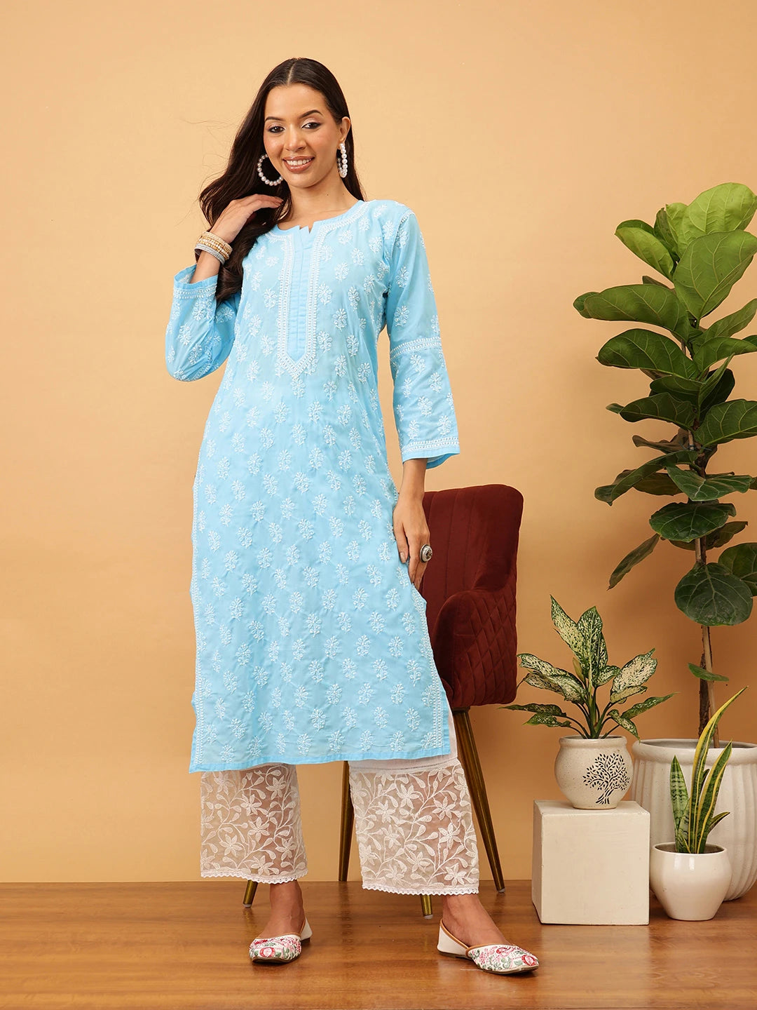 Ada Hand Embroidered Blue Cotton Lucknowi Chikankari Straight Kurta A411710