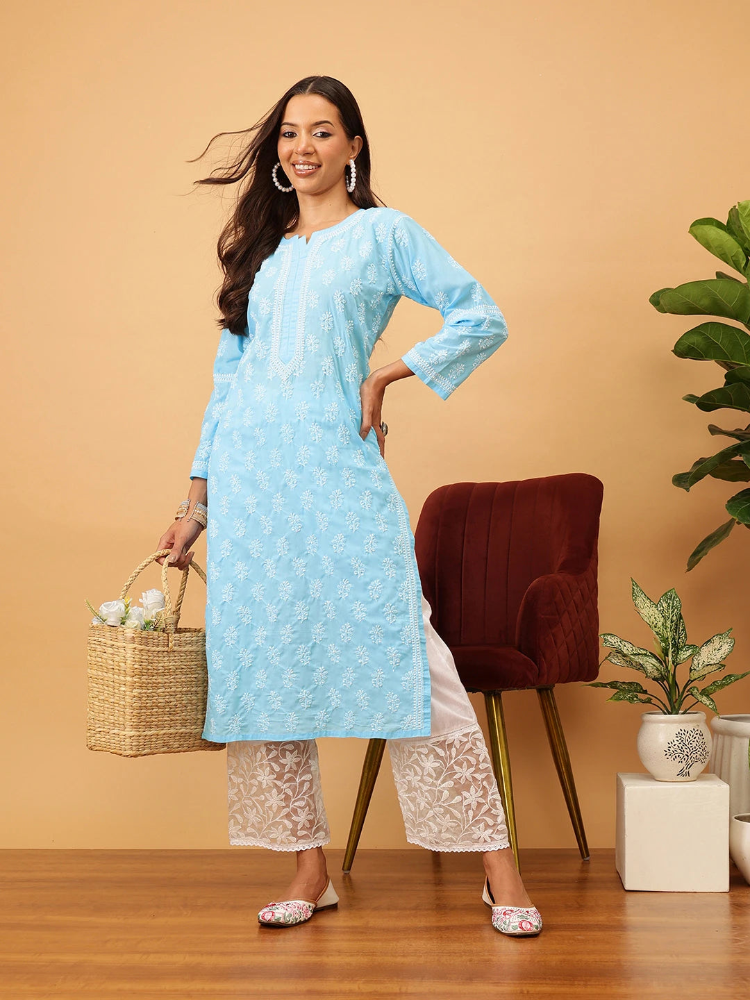 Ada Hand Embroidered Blue Cotton Lucknowi Chikankari Straight Kurta A411710