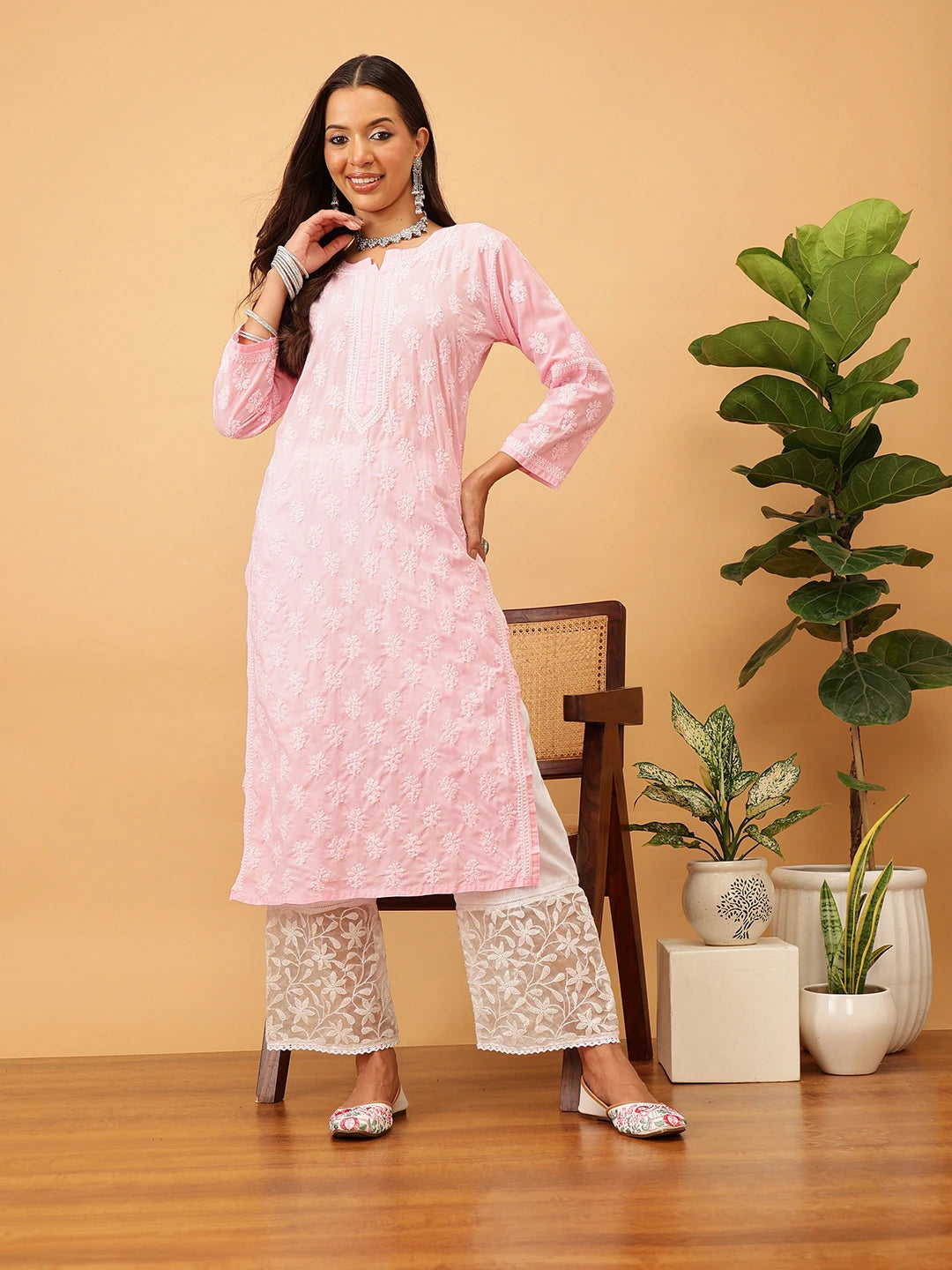 Ada Hand Embroidered Pink Cotton Lucknowi Chikankari Straight Kurta A411705