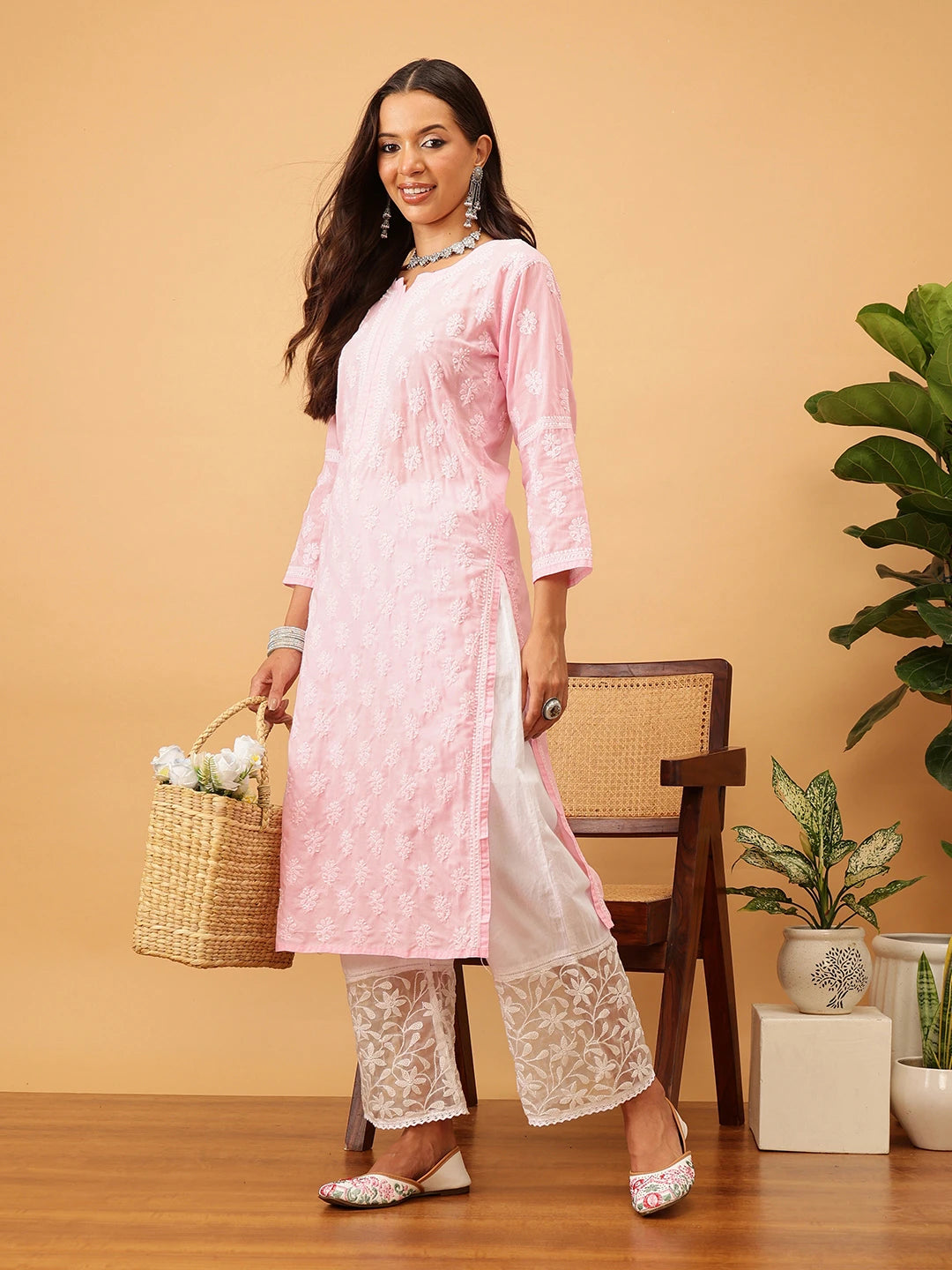 Ada Hand Embroidered Pink Cotton Lucknowi Chikankari Straight Kurta A411705