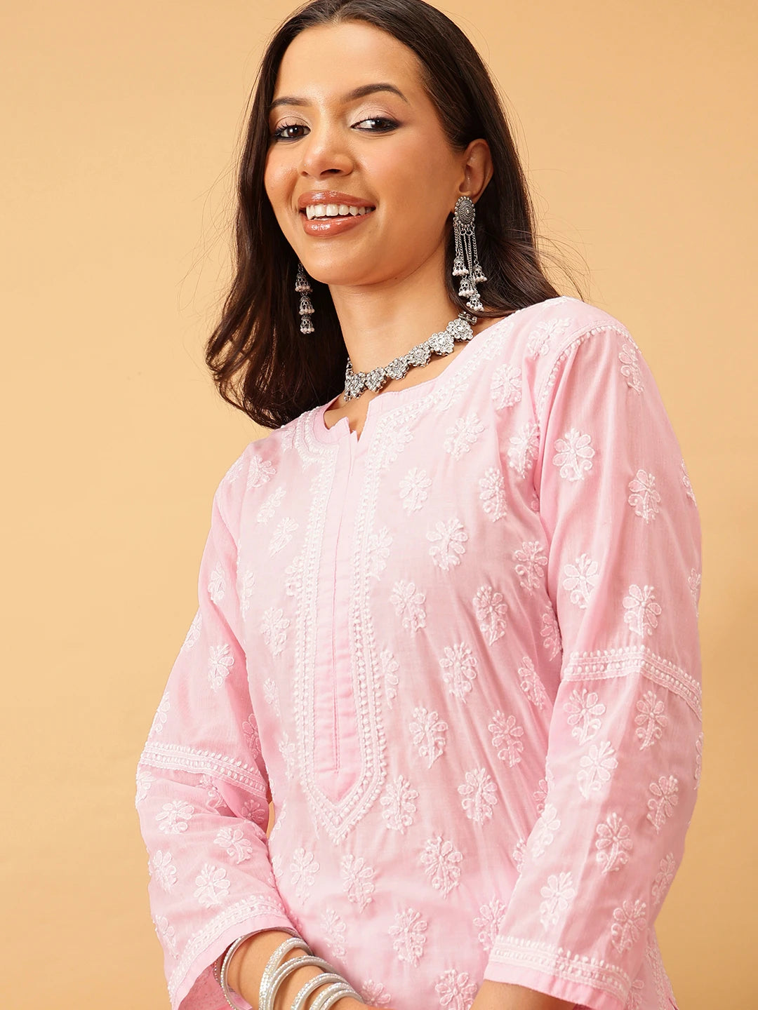 Ada Hand Embroidered Pink Cotton Lucknowi Chikankari Straight Kurta A411705