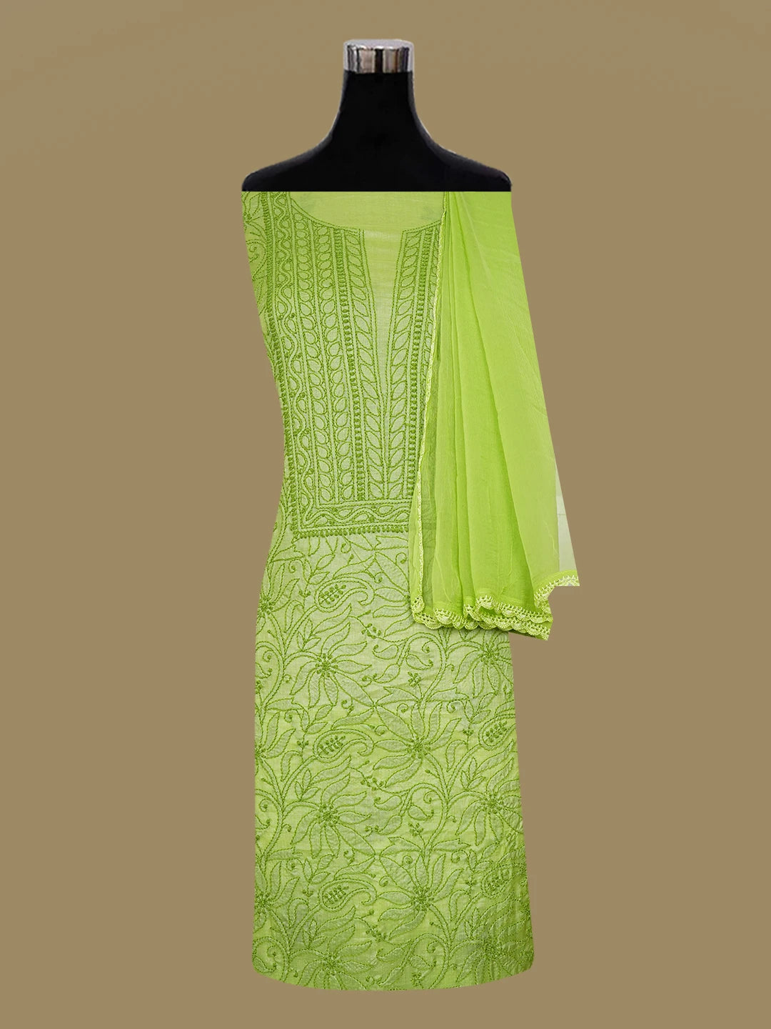 Ada Hand Embroidered Green Silk Lucknowi Chikankari Unstitched Suit Piece 01A546585