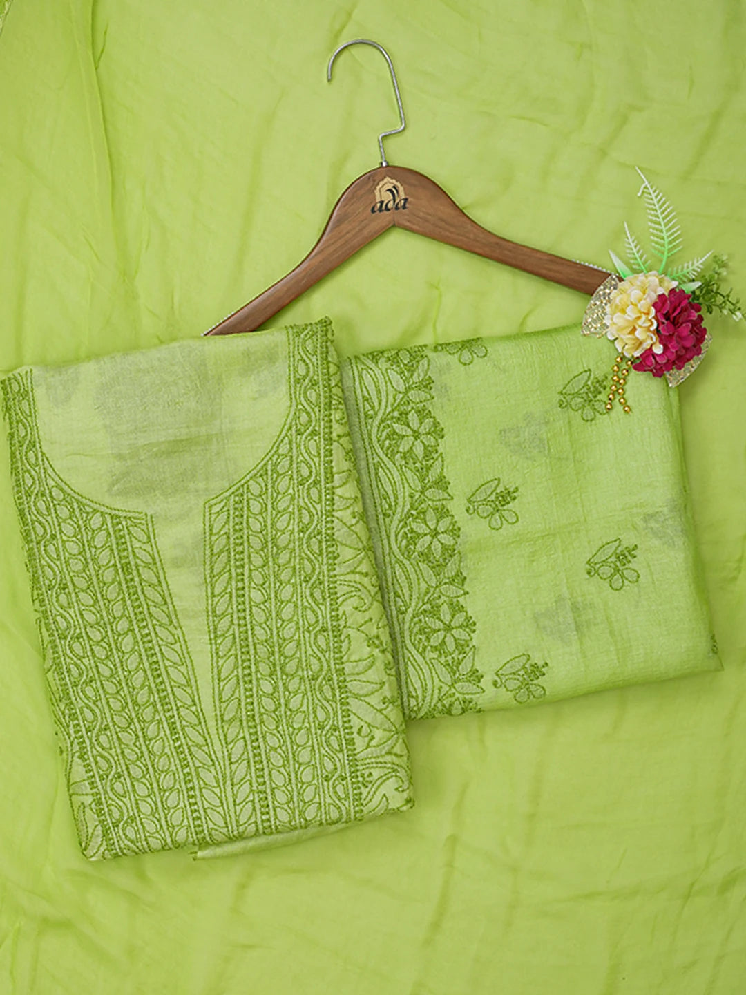 Ada Hand Embroidered Green Silk Lucknowi Chikankari Unstitched Suit Piece 01A546585