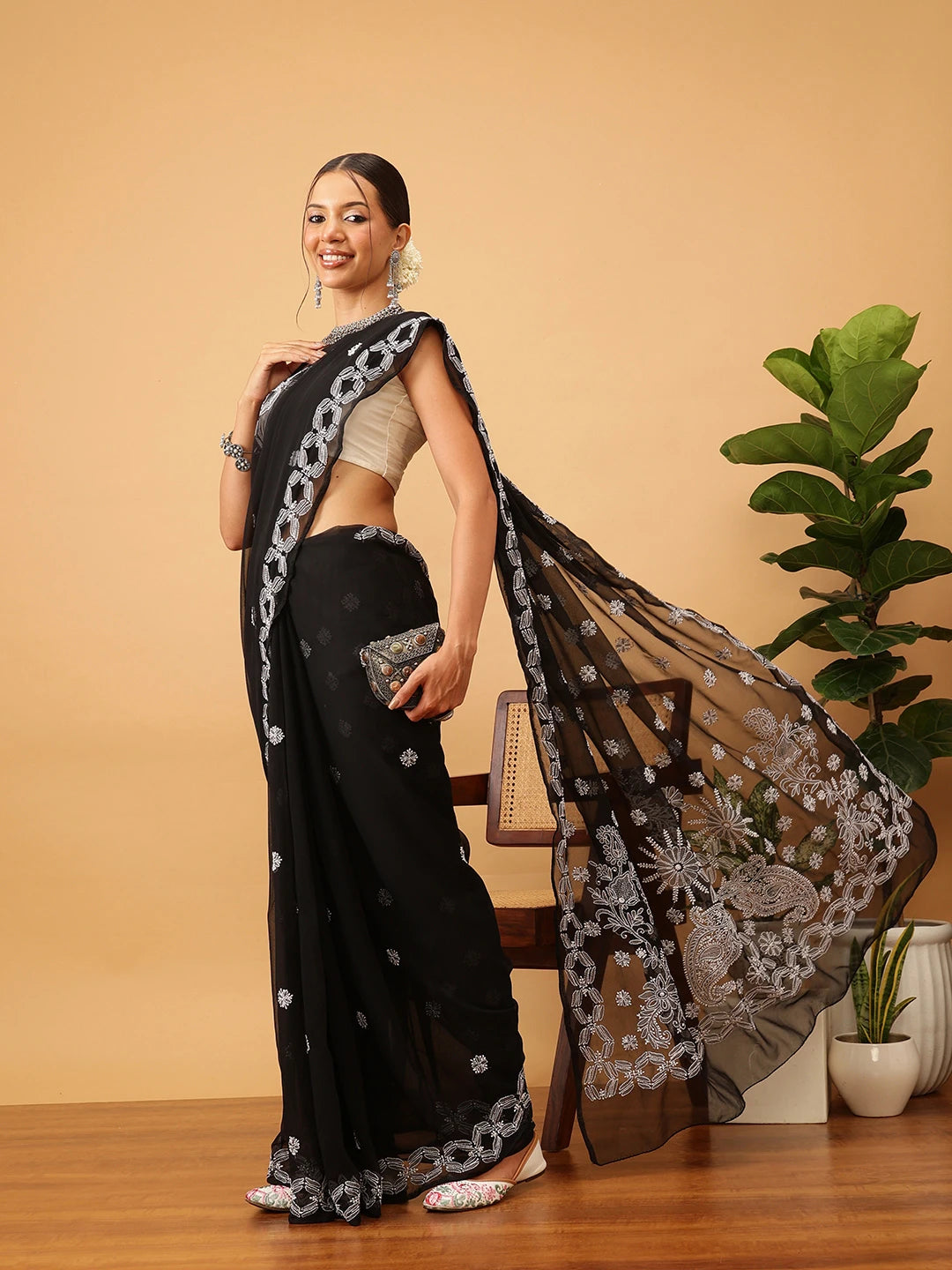 Ada Hand Embroidered Black Georgette Lucknowi Chikankari Saree With Blouse A129551