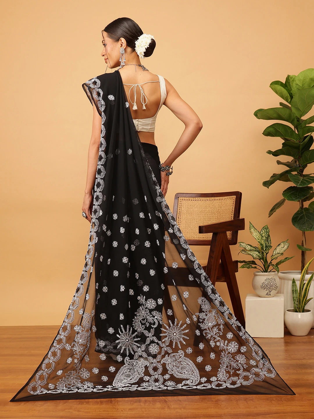 Ada Hand Embroidered Black Georgette Lucknowi Chikankari Saree With Blouse A129551