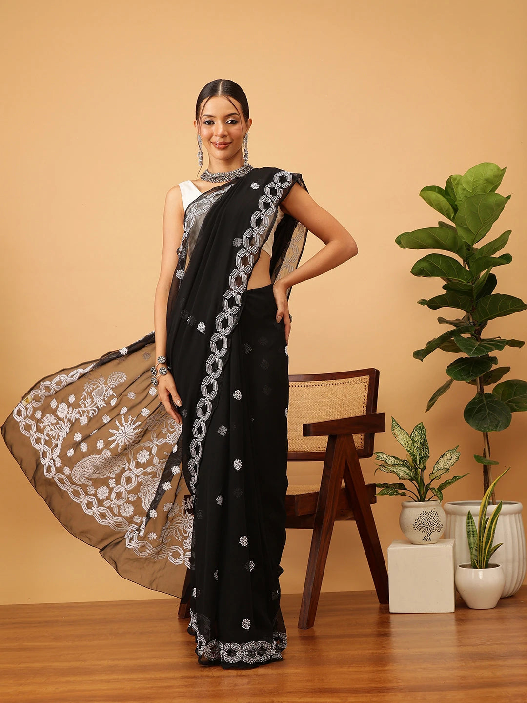 Ada Hand Embroidered Black Georgette Lucknowi Chikankari Saree With Blouse A129551