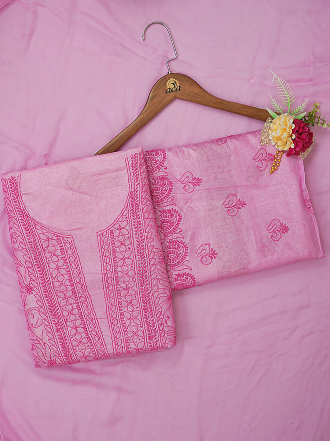 Ada Hand Embroidered Mulberry Pink Silk Lucknowi Chikankari Unstitched Suit Piece 01A604480