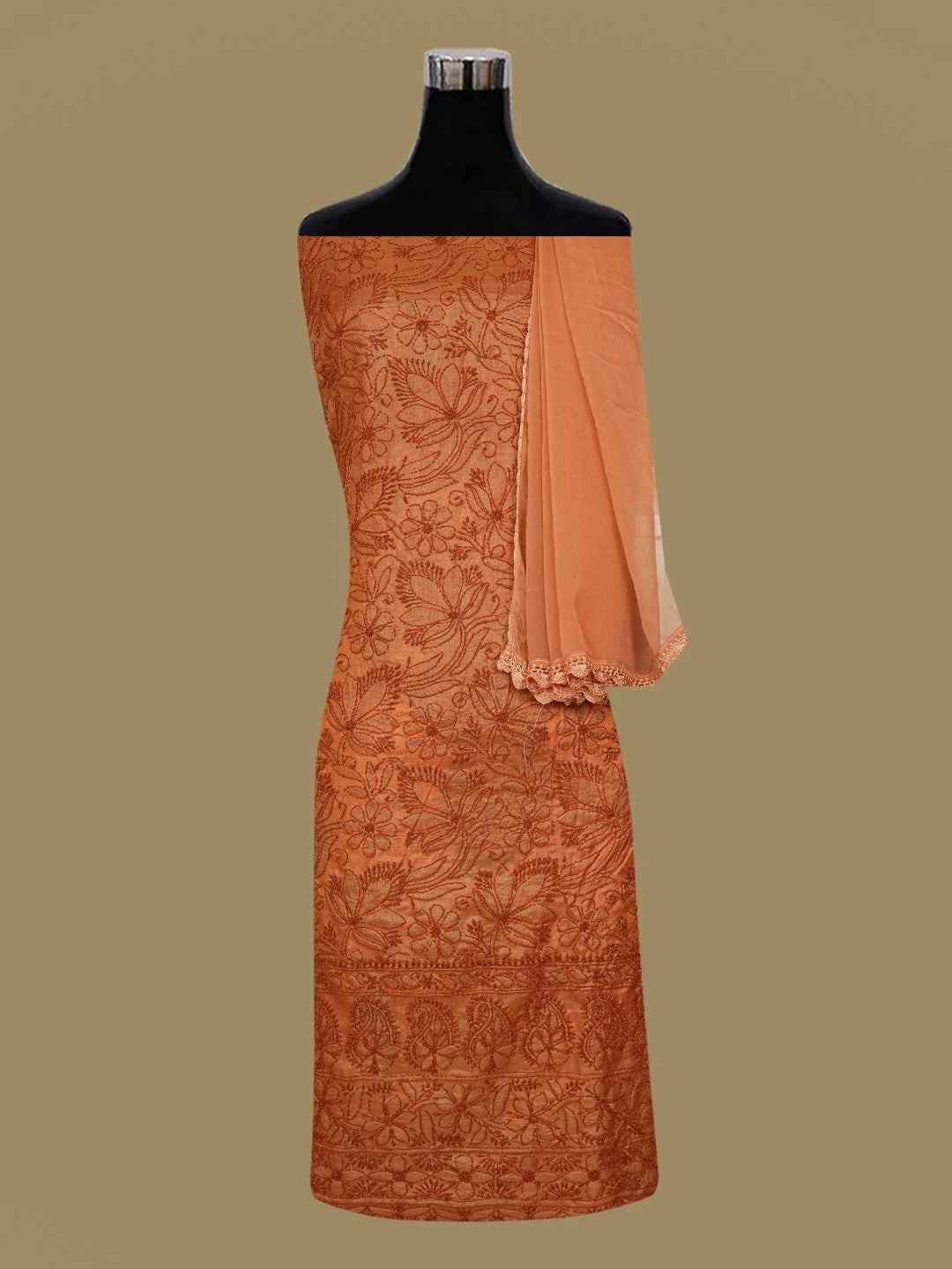 Ada Hand Embroidered Rust Silk Lucknowi Chikankari Unstitched Suit Piece 01A619894