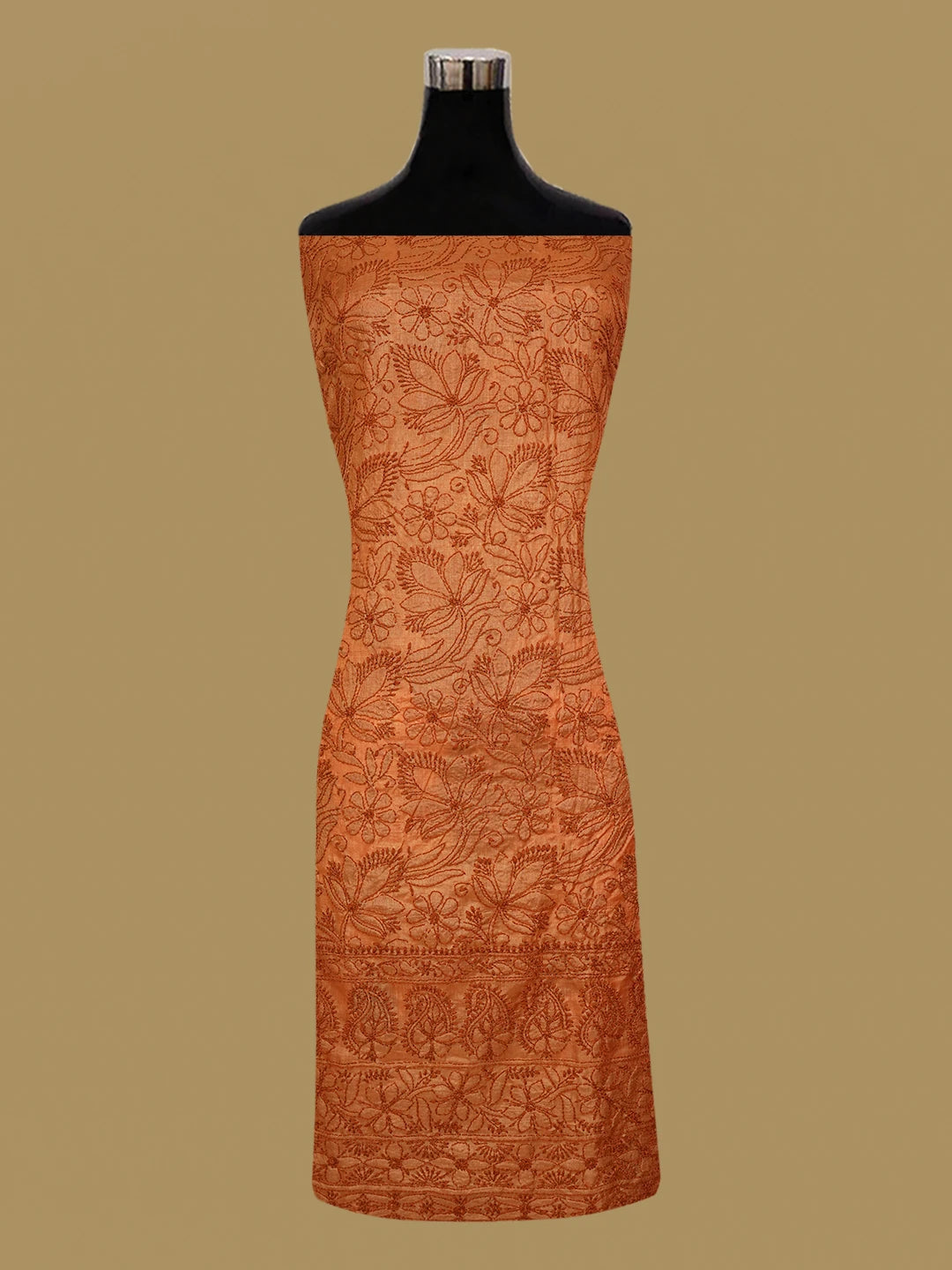 Ada Hand Embroidered Rust Silk Lucknowi Chikankari Unstitched Suit Piece 01A619894