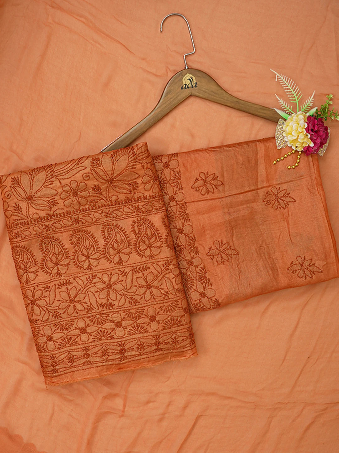 Ada Hand Embroidered Rust Silk Lucknowi Chikankari Unstitched Suit Piece 01A619894