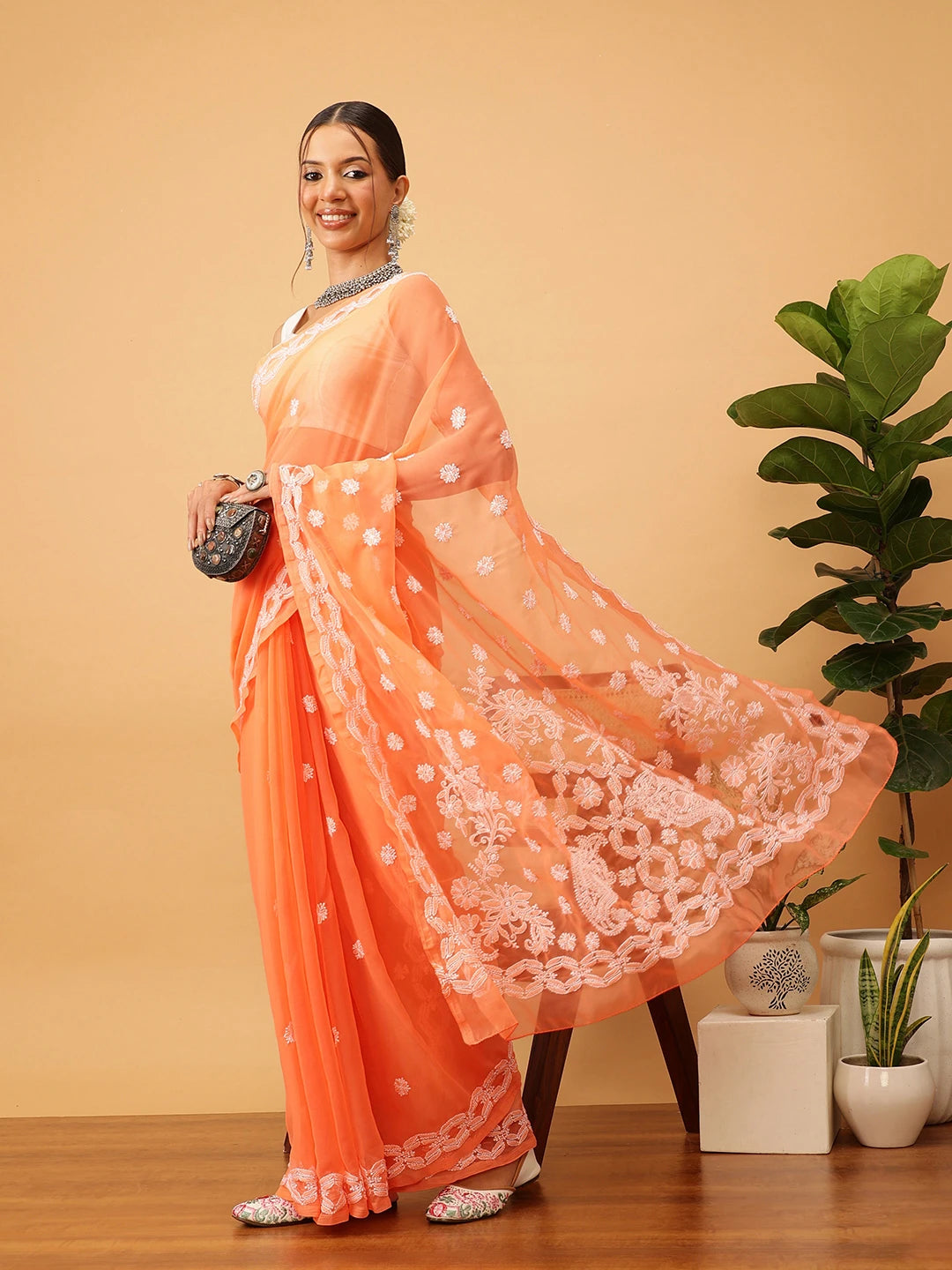 Ada Hand Embroidered Rust Georgette Lucknowi Chikankari Saree With Blouse  A129558