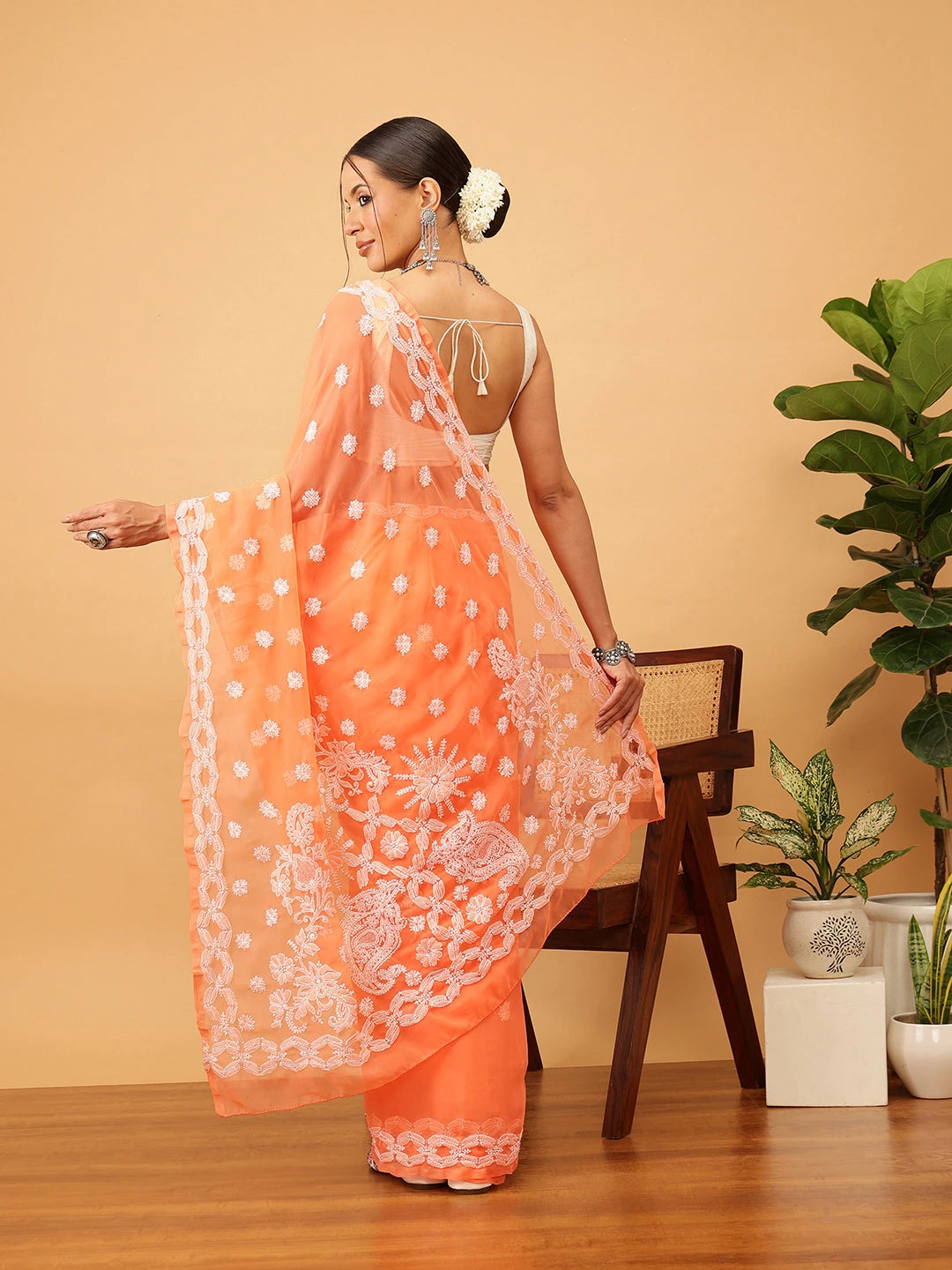 Ada Hand Embroidered Rust Georgette Lucknowi Chikankari Saree With Blouse  A129558