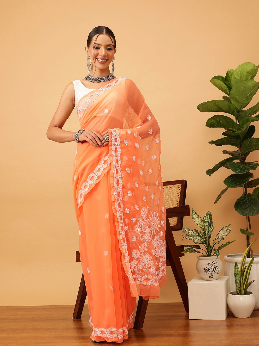 Ada Hand Embroidered Rust Georgette Lucknowi Chikankari Saree With Blouse  A129558