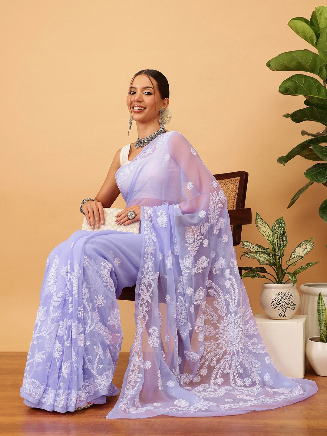 Ada Hand Embroidered Mauve Goergette Lucknowi Chikankari Saree With Blouse A311371