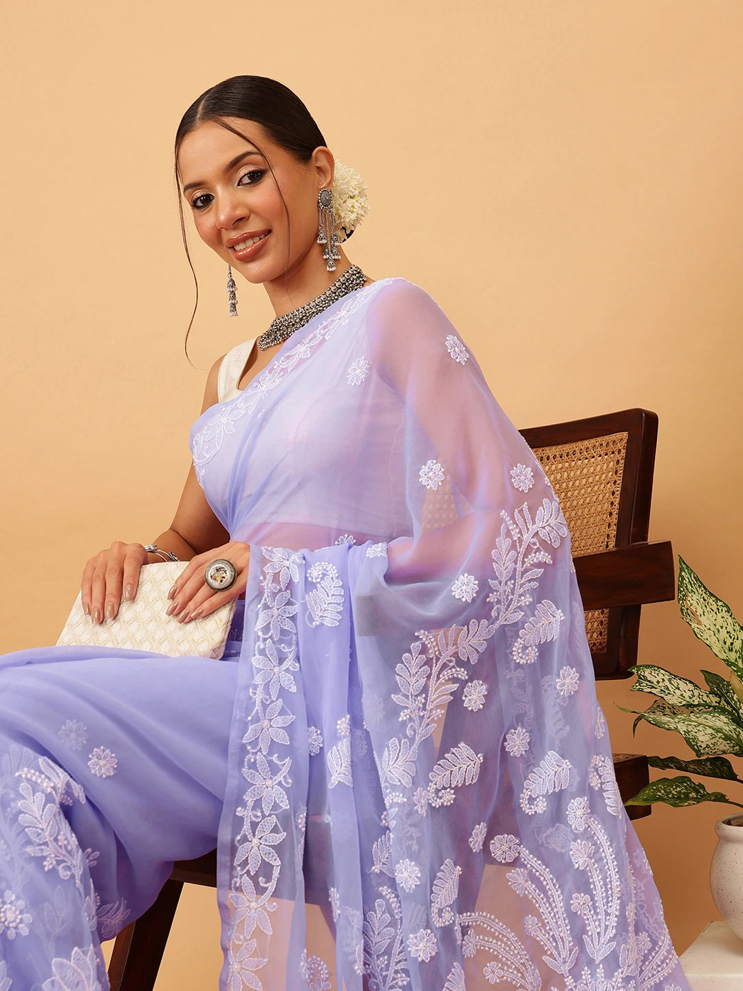 Ada Hand Embroidered Mauve Goergette Lucknowi Chikankari Saree With Blouse A311371