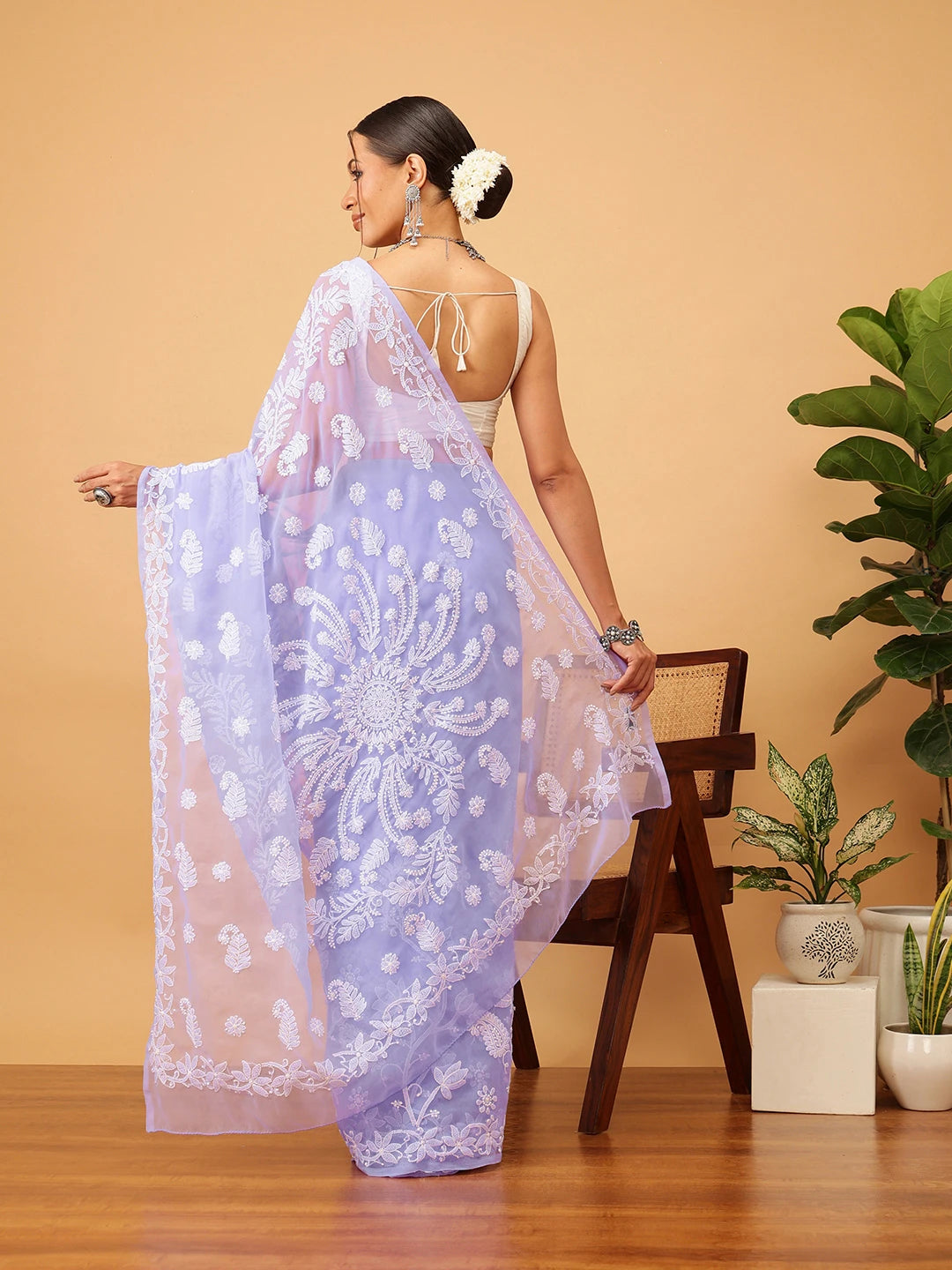 Ada Hand Embroidered Mauve Goergette Lucknowi Chikankari Saree With Blouse A311371