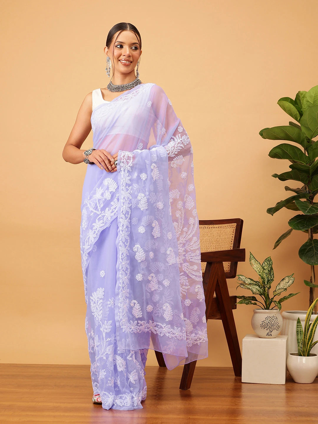 Ada Hand Embroidered Mauve Goergette Lucknowi Chikankari Saree With Blouse A311371