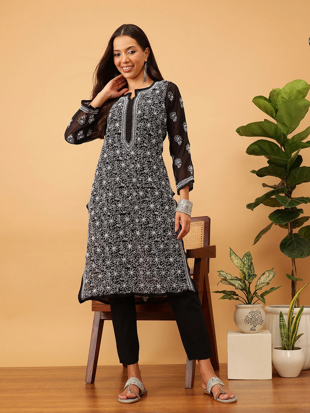 Ada Hand Embroidered Black Georgette Lucknowi Chikankari Kurta with Trouser Set A811147
