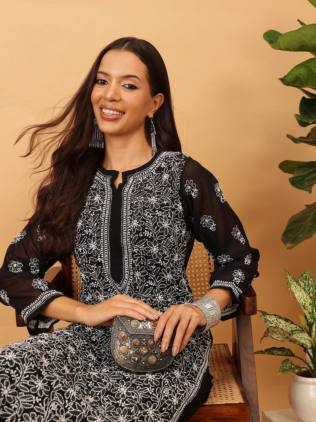 Ada Hand Embroidered Black Georgette Lucknowi Chikankari Kurta with Trouser Set A811147