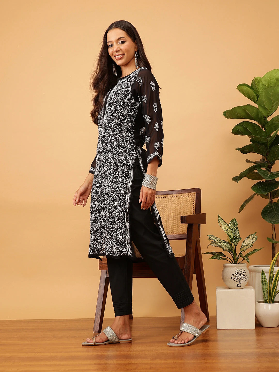 Ada Hand Embroidered Black Georgette Lucknowi Chikankari Kurta with Trouser Set A811147
