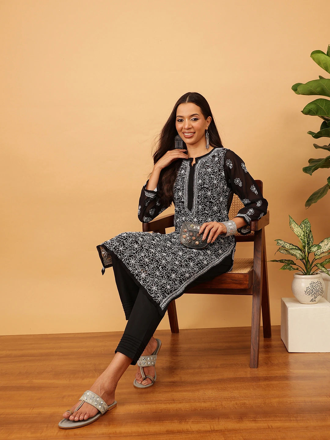 Ada Hand Embroidered Black Georgette Lucknowi Chikankari Kurta with Trouser Set A811147
