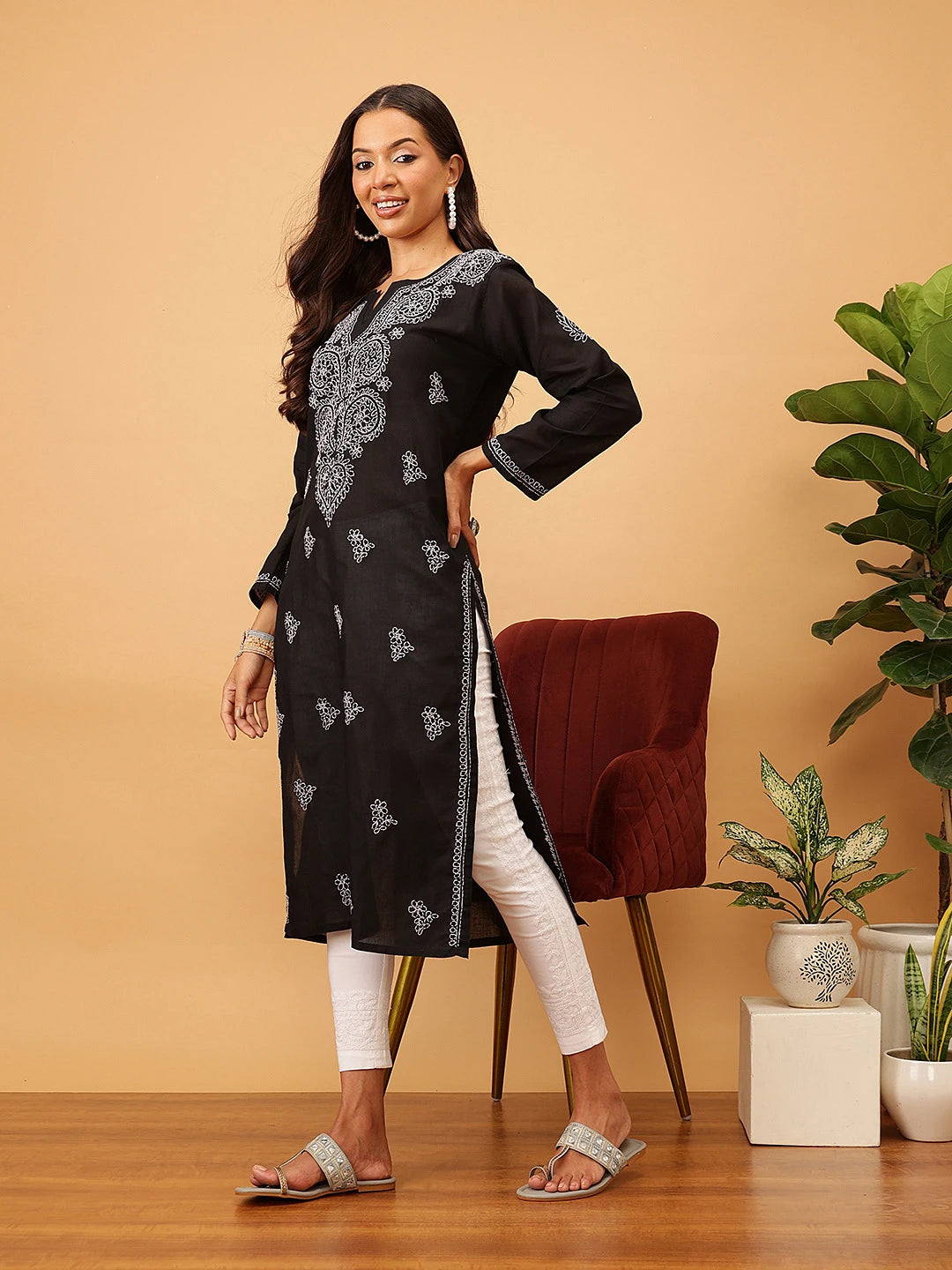 Ada Hand Embroidered Black Pure Cambric Cotton Lucknowi Chikankari Straight Kurta A100352