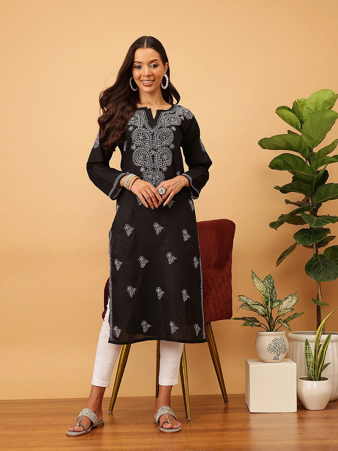 Ada Hand Embroidered Black Pure Cambric Cotton Lucknowi Chikankari Straight Kurta A100352