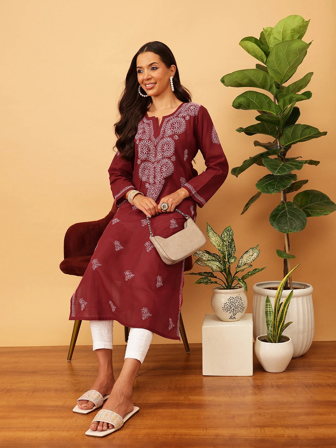 Ada Hand Embroidered Maroon Cotton Lucknowi Chikankari Straight Kurta A207908