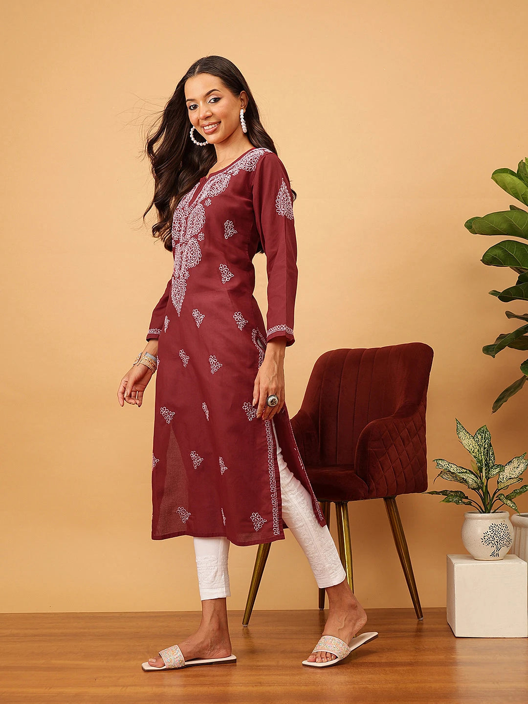 Ada Hand Embroidered Maroon Cotton Lucknowi Chikankari Straight Kurta A207908