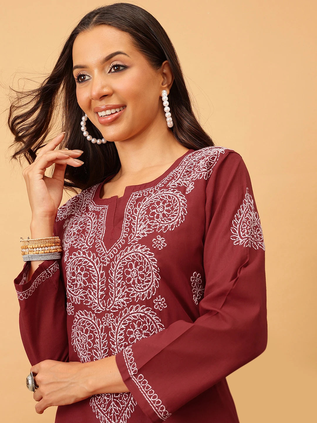 Ada Hand Embroidered Maroon Cotton Lucknowi Chikankari Straight Kurta A207908