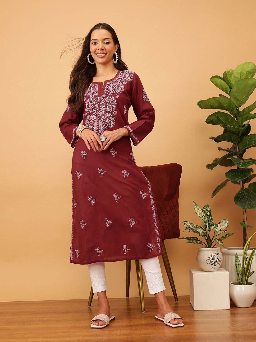 Ada Hand Embroidered Maroon Cotton Lucknowi Chikankari Straight Kurta A207908