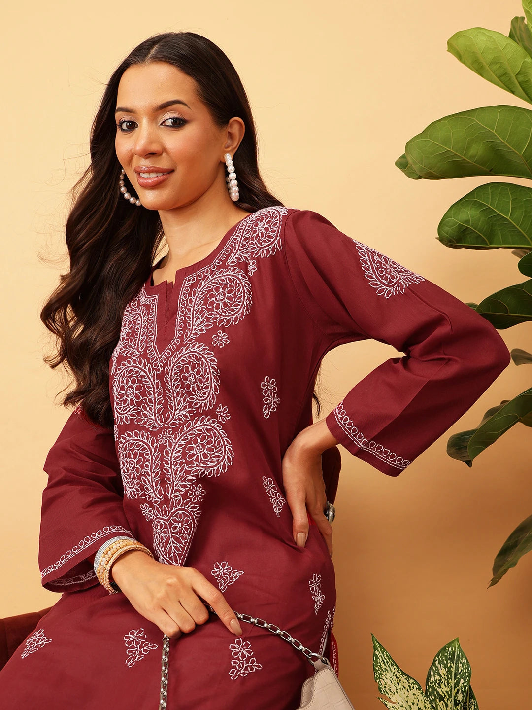 Ada Hand Embroidered Maroon Cotton Lucknowi Chikankari Straight Kurta A207908