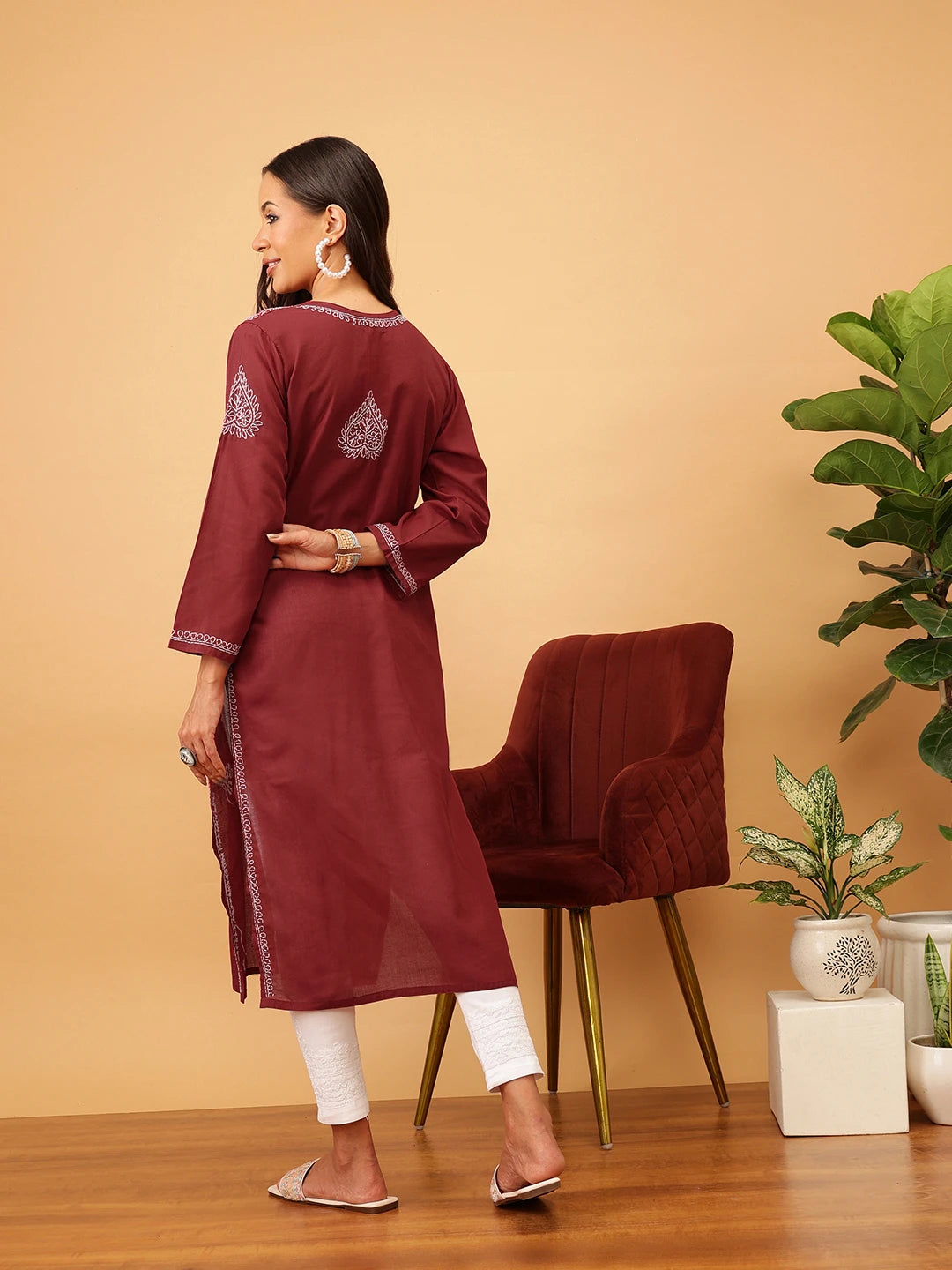 Ada Hand Embroidered Maroon Cotton Lucknowi Chikankari Straight Kurta A207908