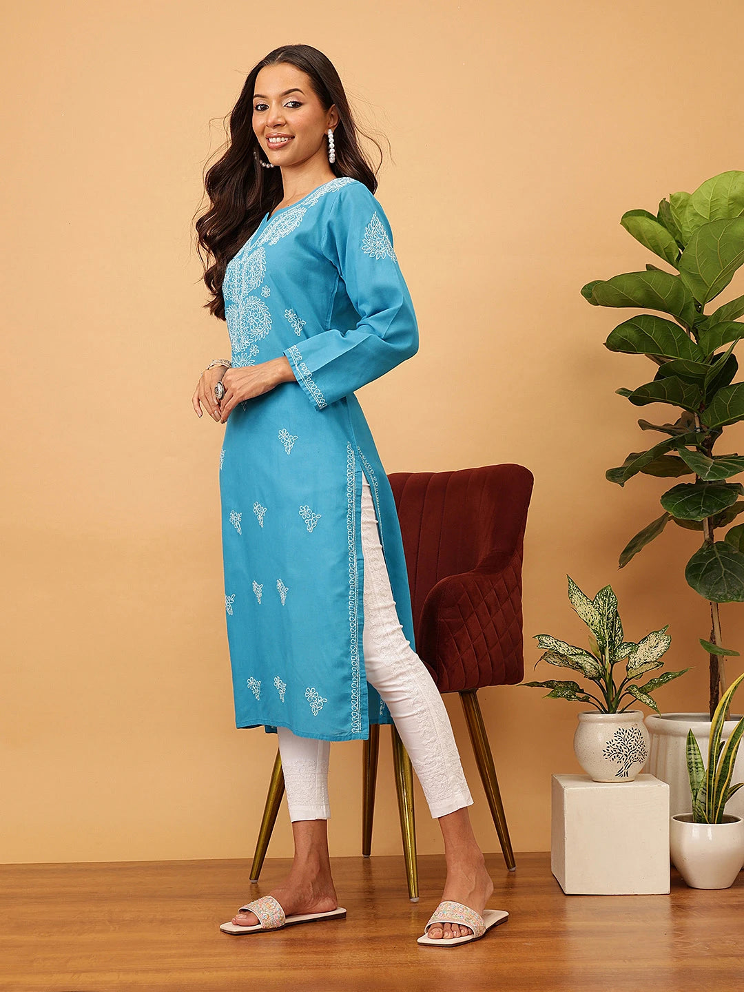 Ada Hand Embroidered Blue Cotton Lucknowi Chikankari Straight Kurta A100479