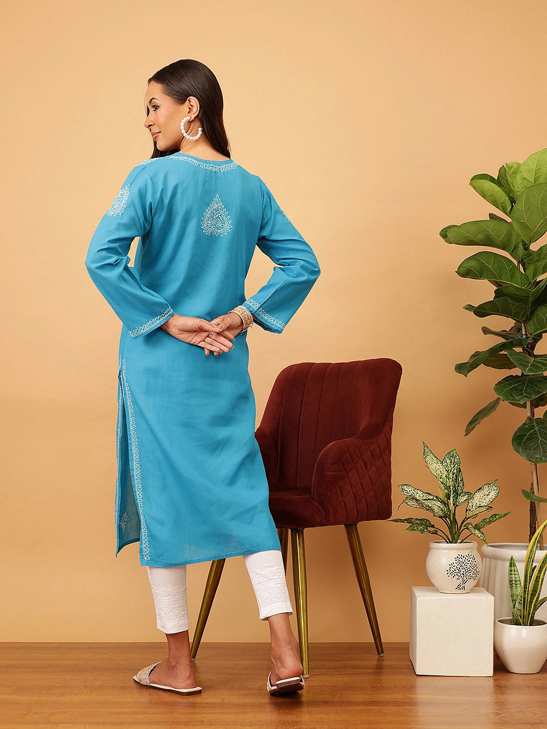 Ada Hand Embroidered Blue Cotton Lucknowi Chikankari Straight Kurta A100479