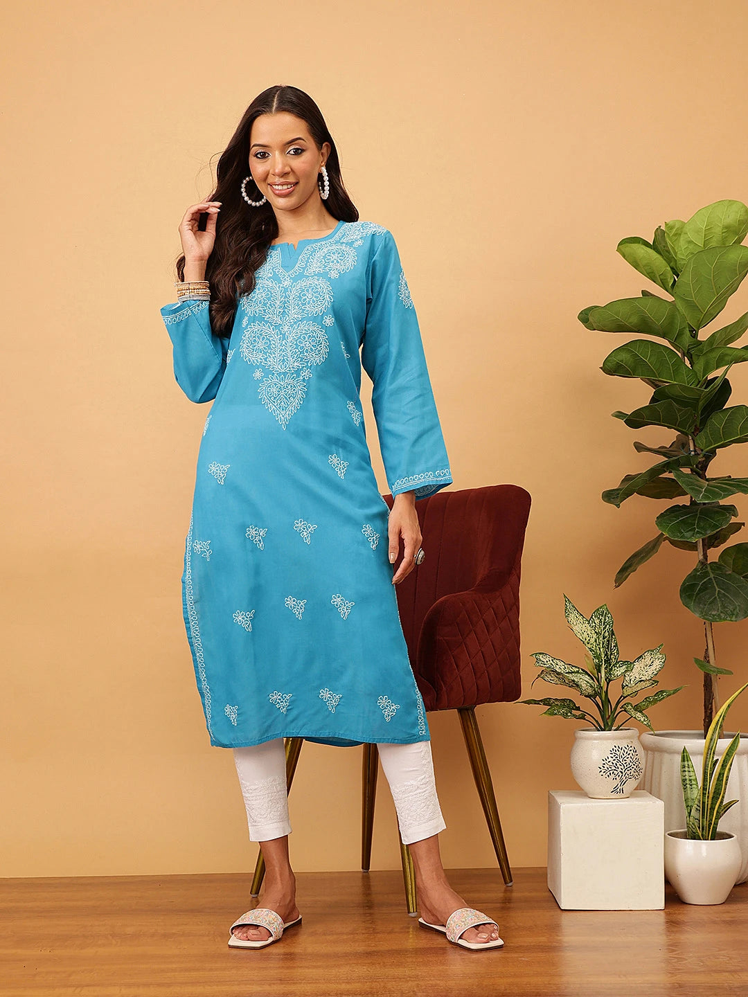 Ada Hand Embroidered Blue Cotton Lucknowi Chikankari Straight Kurta A100479