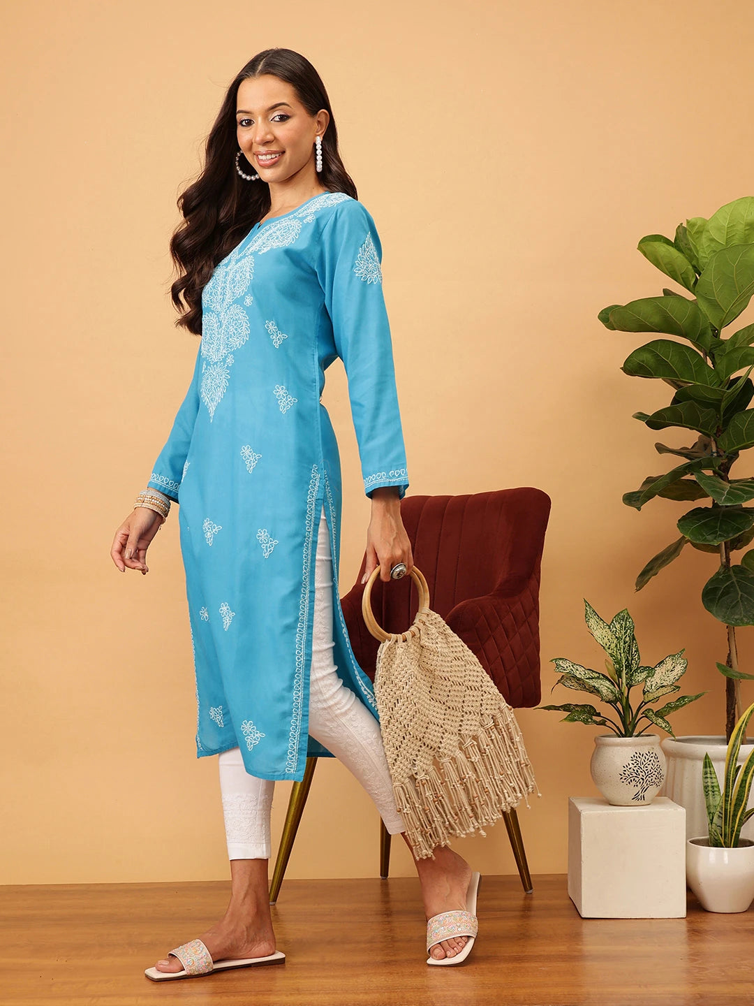 Ada Hand Embroidered Blue Cotton Lucknowi Chikankari Straight Kurta A100479